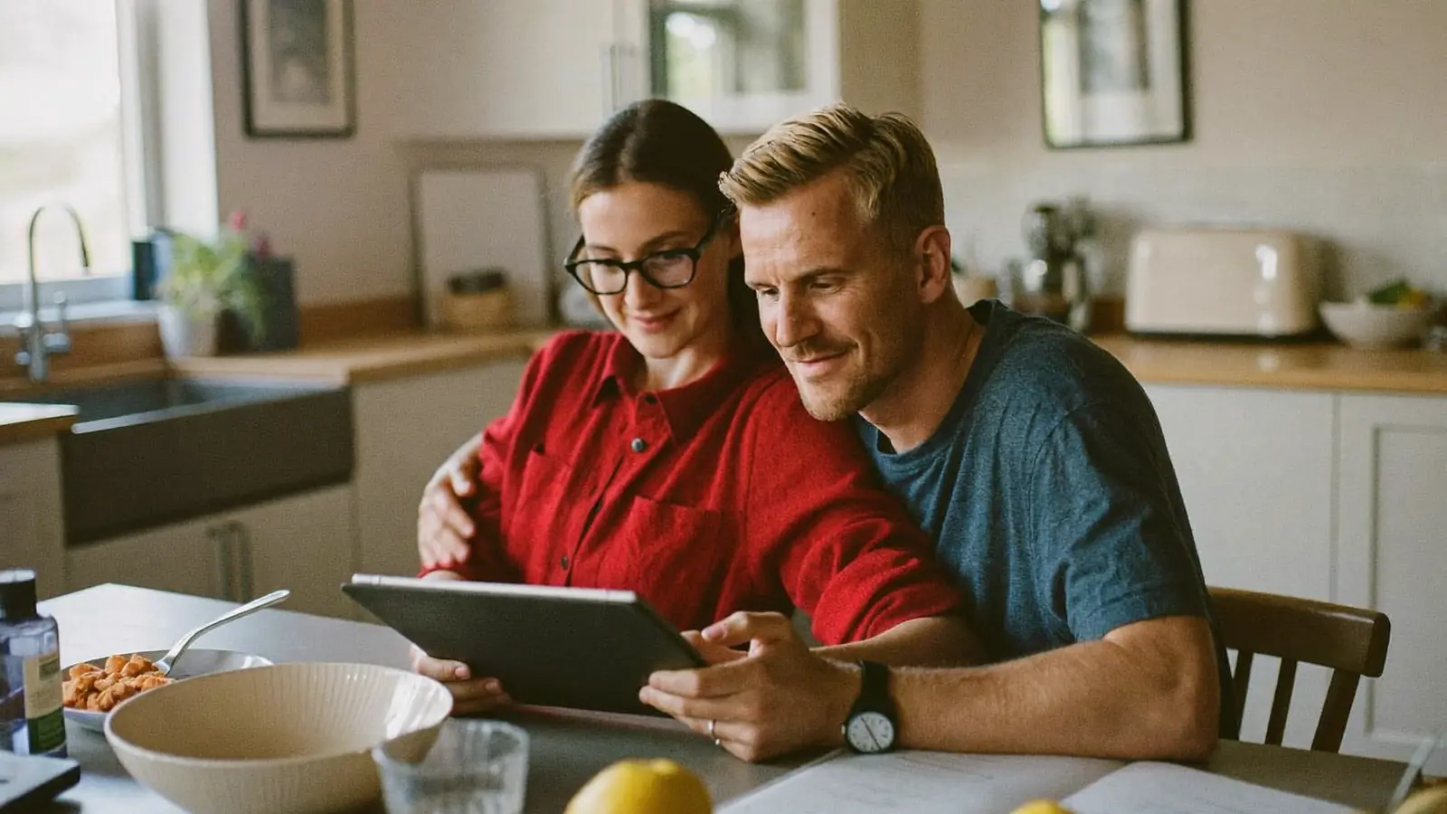 Couple checking a double glazing quote on a tablet at the kitchen table