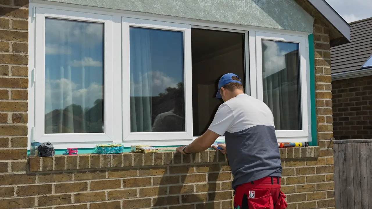 Fitter installing a new window in a semi-detached home