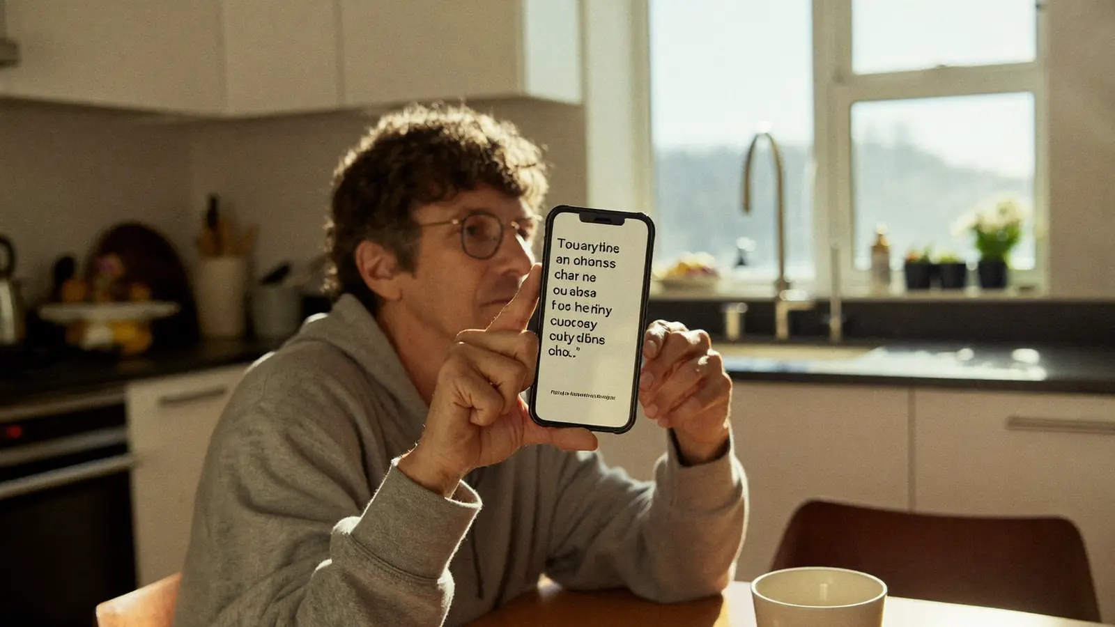 Homeowner getting a fast window quote on a phone at the kitchen table