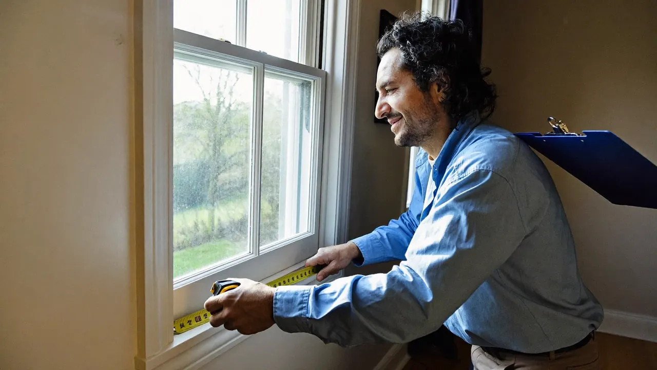 Installer measuring a window opening for a survey quote