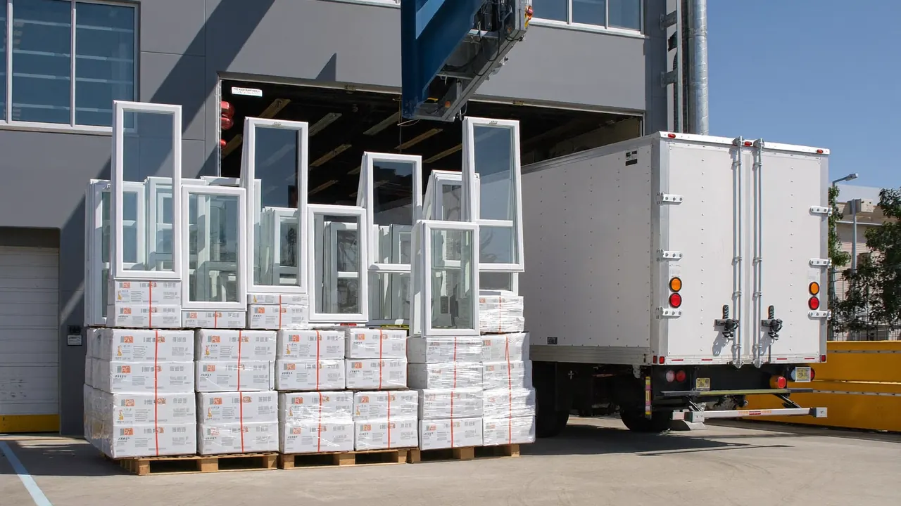 New double glazed window units loaded at a factory loading bay
