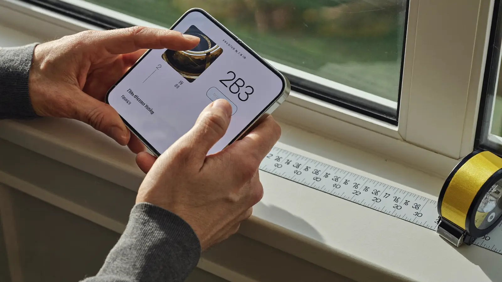 Person entering window measurements into a phone for a quote
